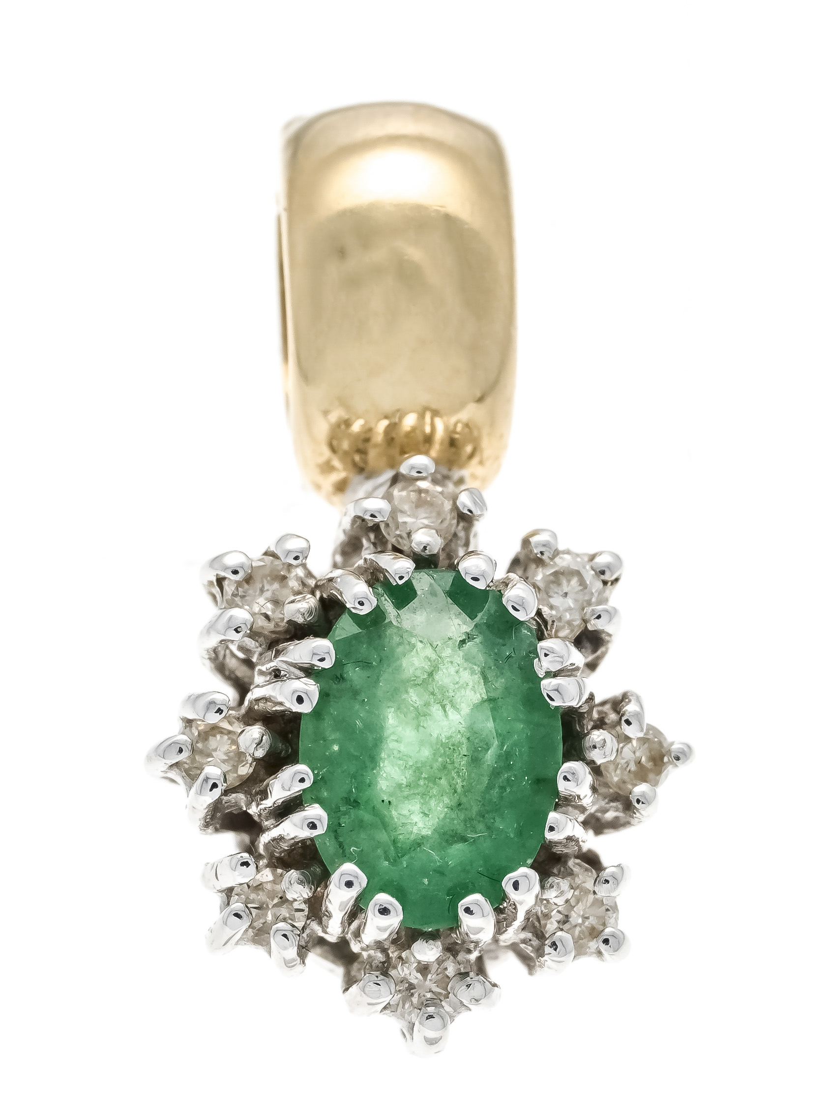 Emerald-brilliant clip pendant GG/WG 585/000 with an oval faceted emerald 6.1 x 4.8 mm green,