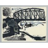 Unidentified graphic artist 2nd half 20th century, Railway bridge over a river with ships, color