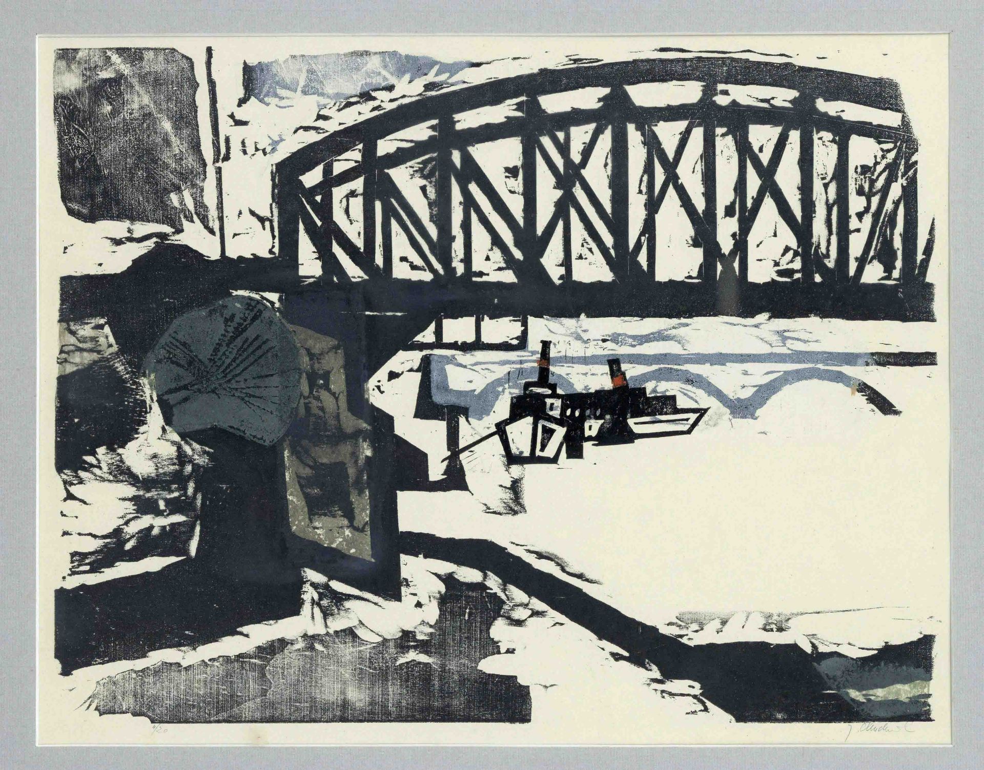 Unidentified graphic artist 2nd half 20th century, Railway bridge over a river with ships, color