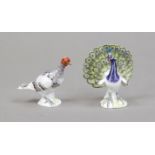 Two animals en miniature, Meissen, after 1973, 1st choice, polychrome painted, miniature peacock,