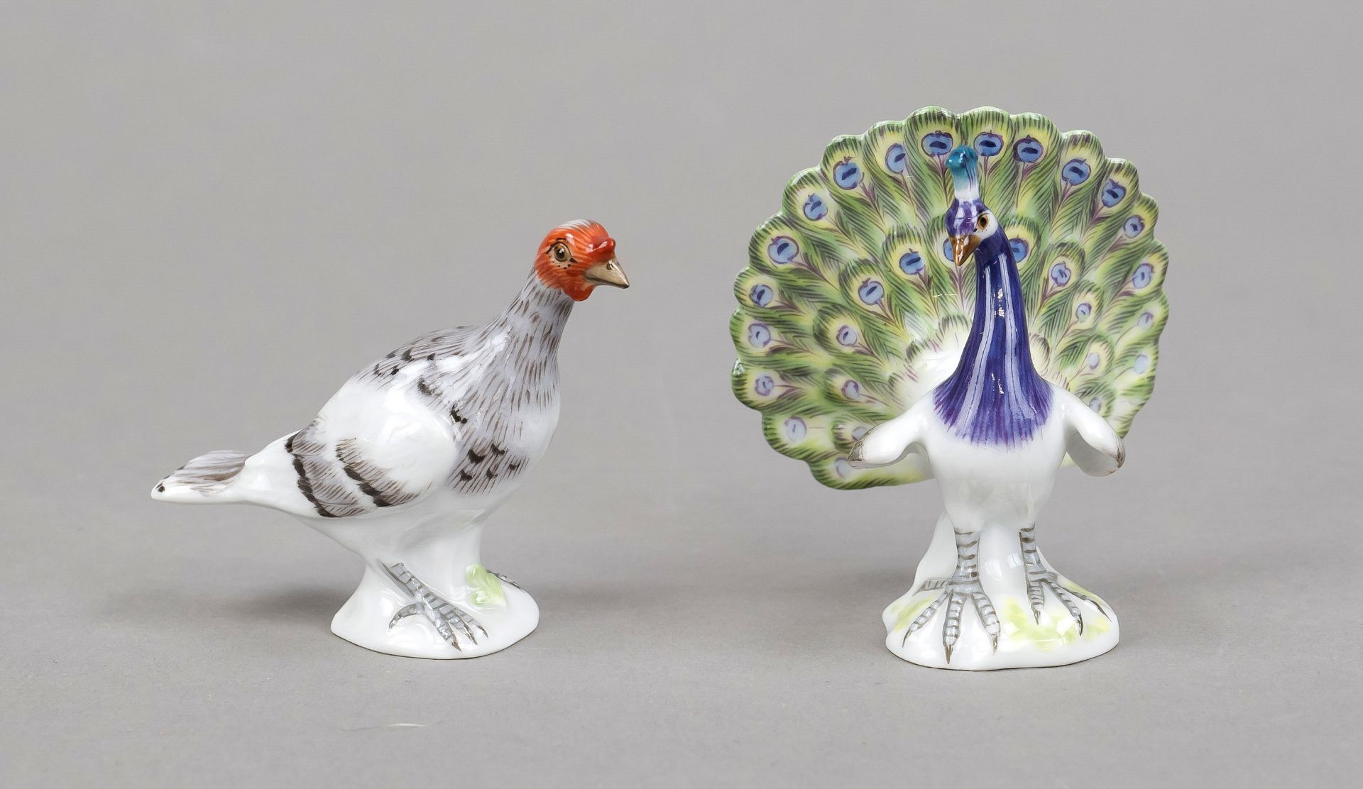 Two animals en miniature, Meissen, after 1973, 1st choice, polychrome painted, miniature peacock,
