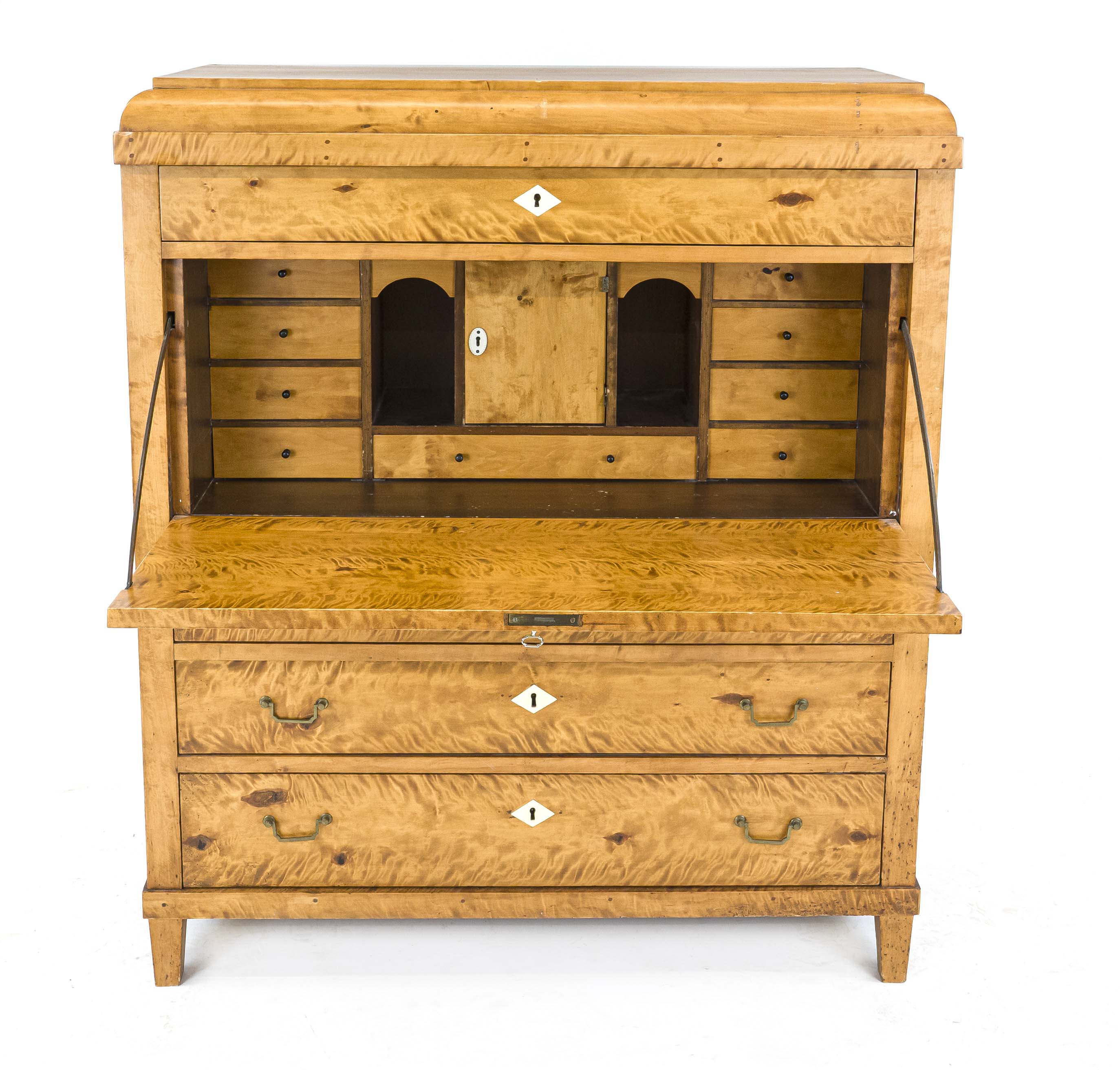 Biedermeier standing secretary, 19th century, flamed birch, straight body with four drawers,