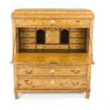 Biedermeier standing secretary, 19th century, flamed birch, straight body with four drawers,