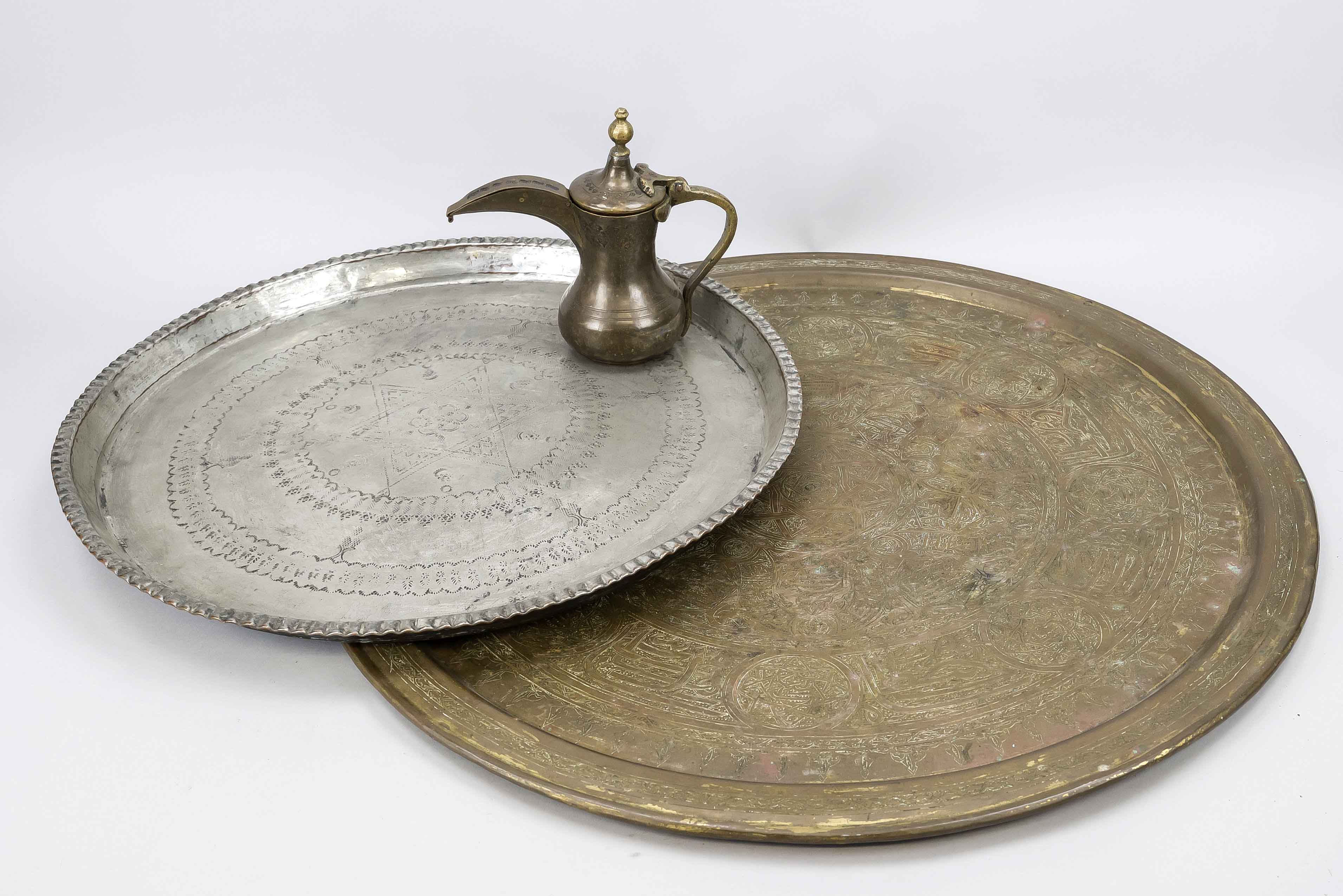 2 large trays and a coffee pot, oriental, probably 19th century, brass and white metal. Engraved