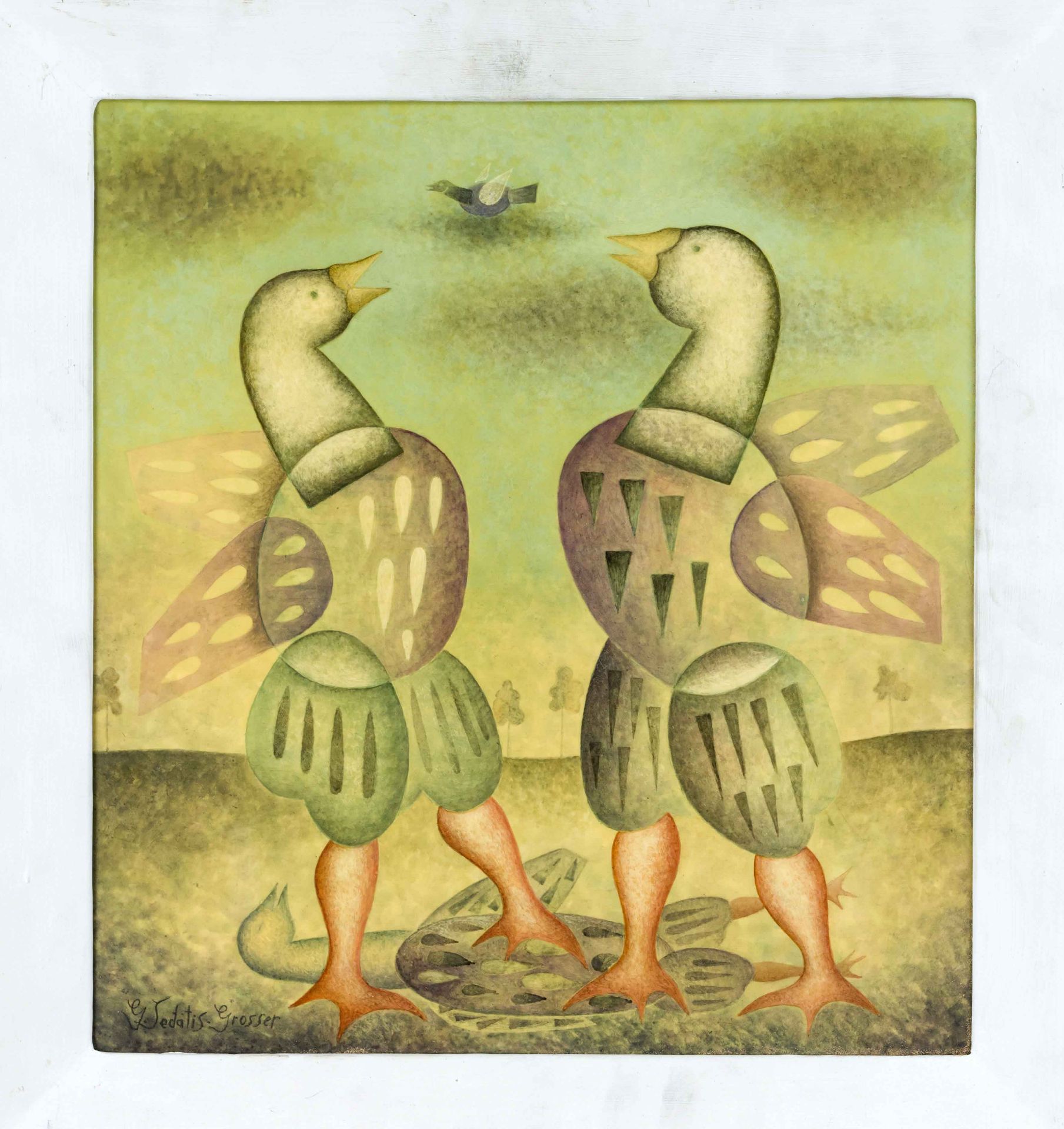 Gisela Sedatis-Grosser (1935-2007), Berlin painter, two strange birds, lacquer painting on panel,