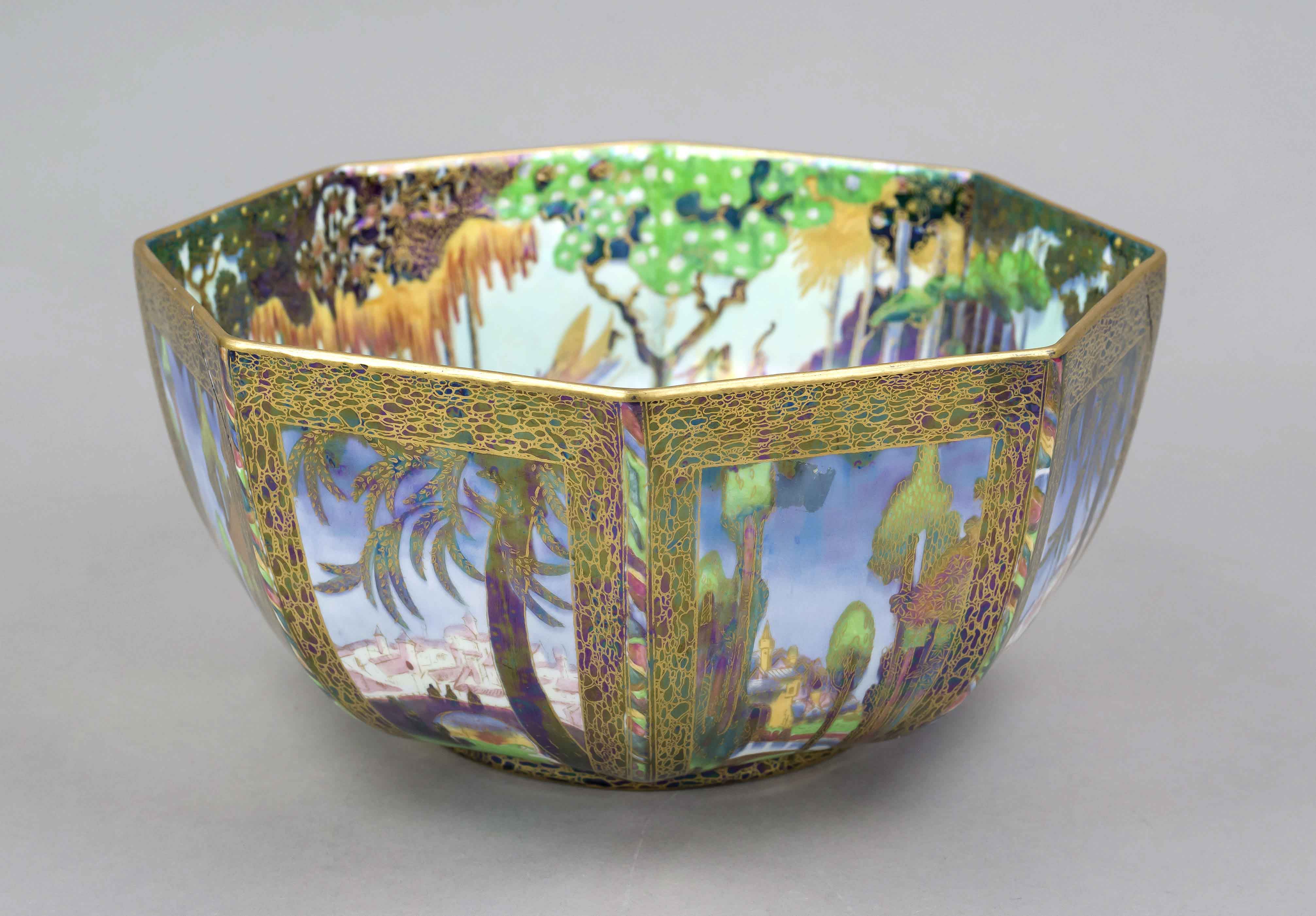 Large rare bowl, Wedgewood Fairyland, c. 1920, octagonal form, polychrome decoration, designed by