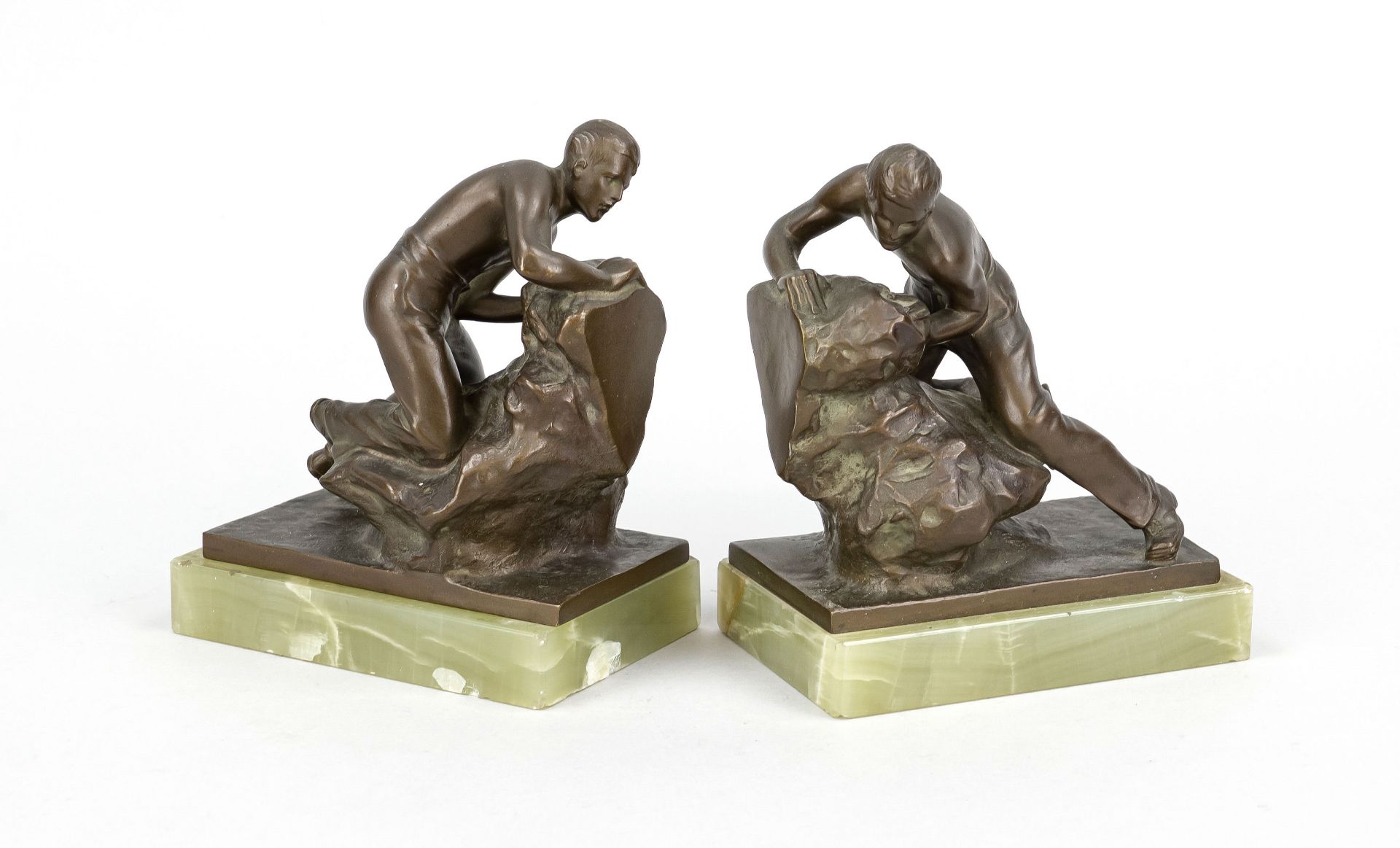 Bruno Zach (1891-1935), pair of figurative bookends in the shape of miners, brown patinated bronze