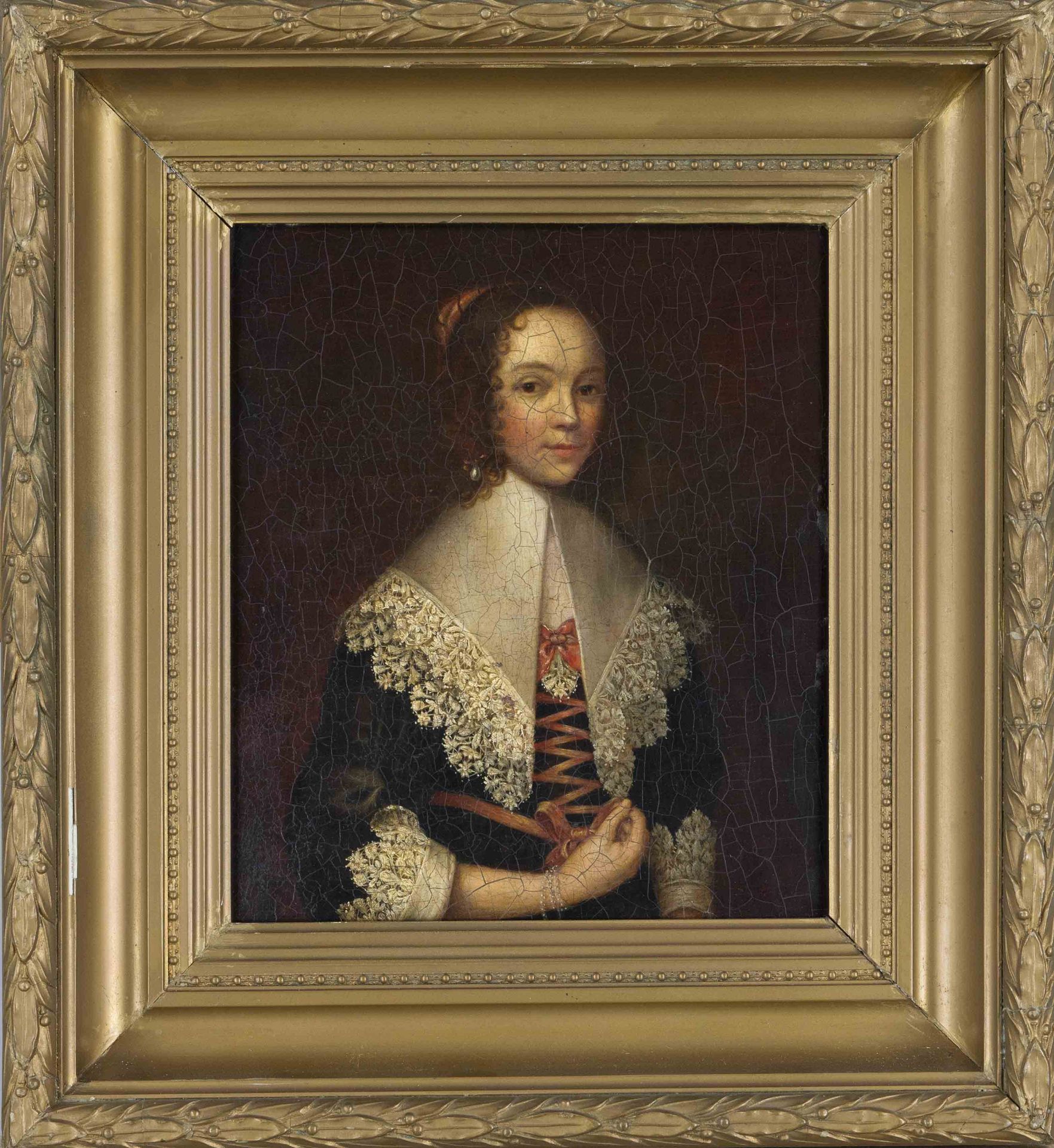 Anonymous 19th century portrait painter, Portrait of a young woman with a lace collar, oil on