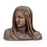 Bust of the Madonna, c. 1800, hardwood, stained dark, flattened on the back, partly bumped and