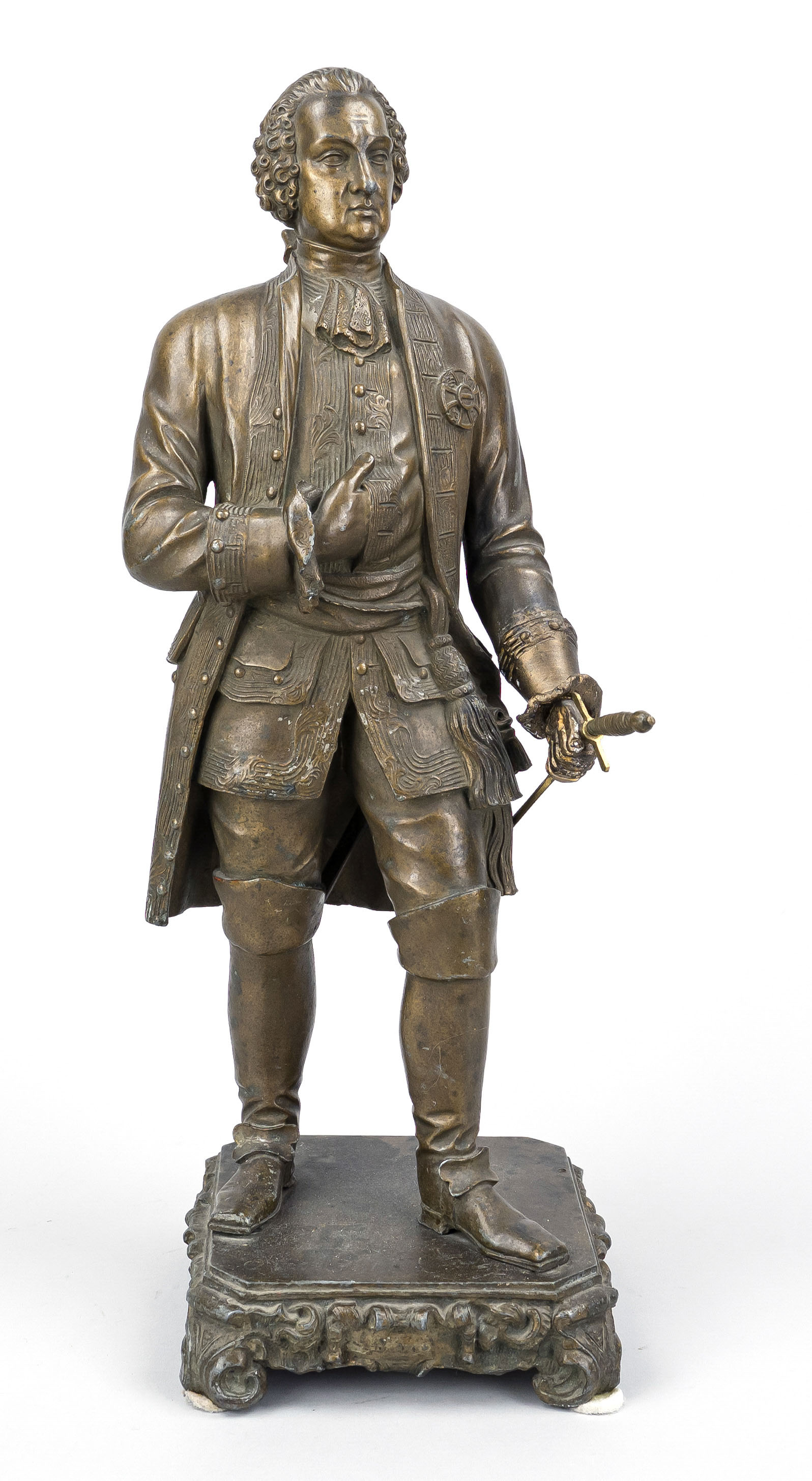 Anonymous sculptor of the 19th century, standing figure of a nobleman, patinated bronze on a