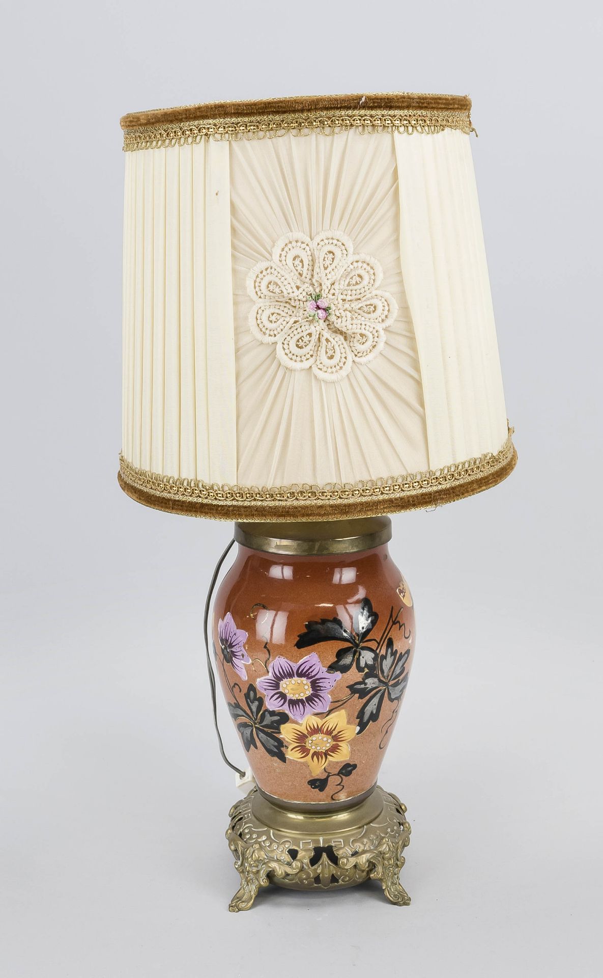 Table lamp c. 1900, ceramic vase with floral painting on brass construction, h. 56 cm