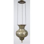 Mosque lamp, probably Persia 19th century, brass. Balustrated and open-worked with cartouches and