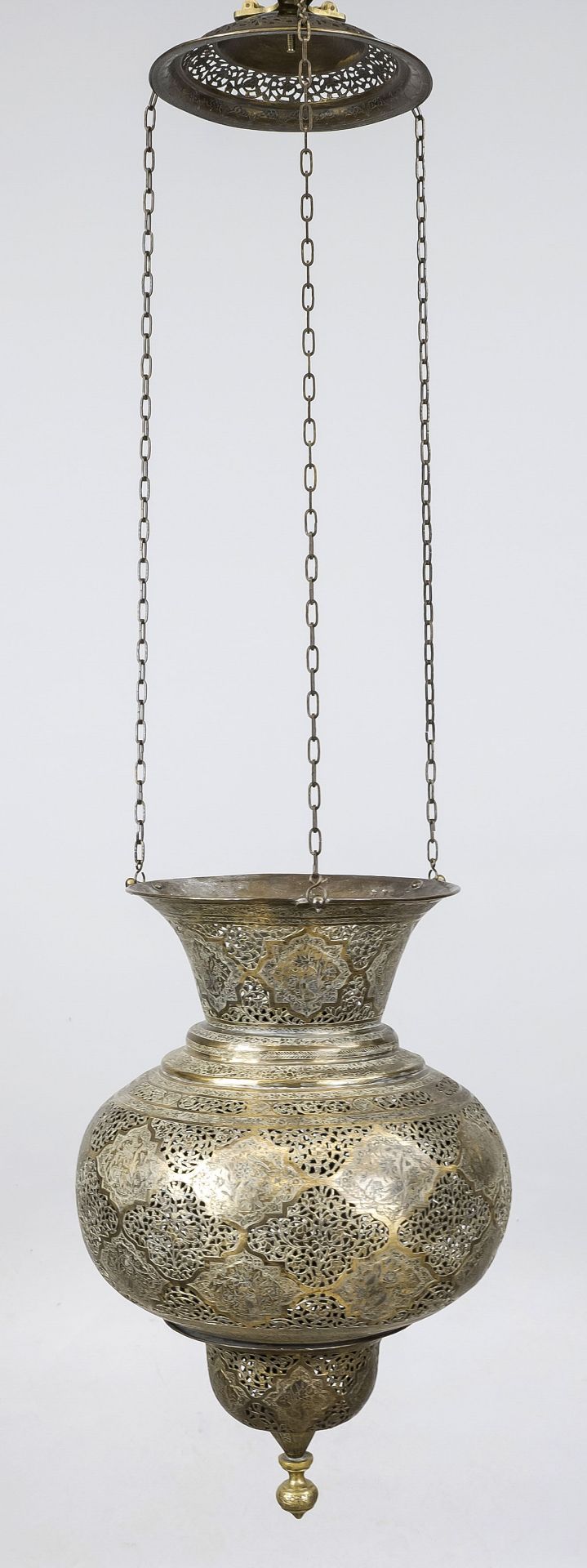 Mosque lamp, probably Persia 19th century, brass. Balustrated and open-worked with cartouches and