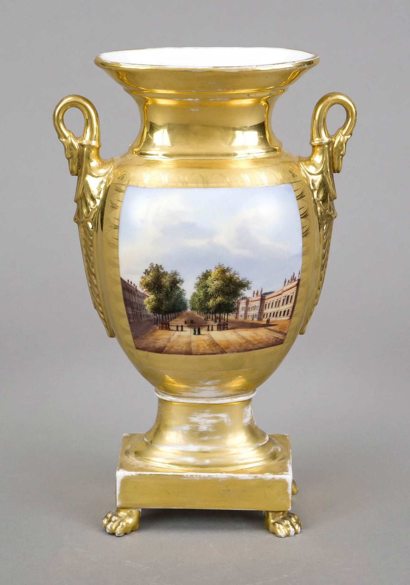 Vase, ''View of the Academy Building'', 1st half 19th century, w. France, flattened body with swan