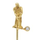 Golf player motif lapel pin GG 750/000 by Ehinger Schwartz, with a brilliant-cut diamond 0.02 ct W/