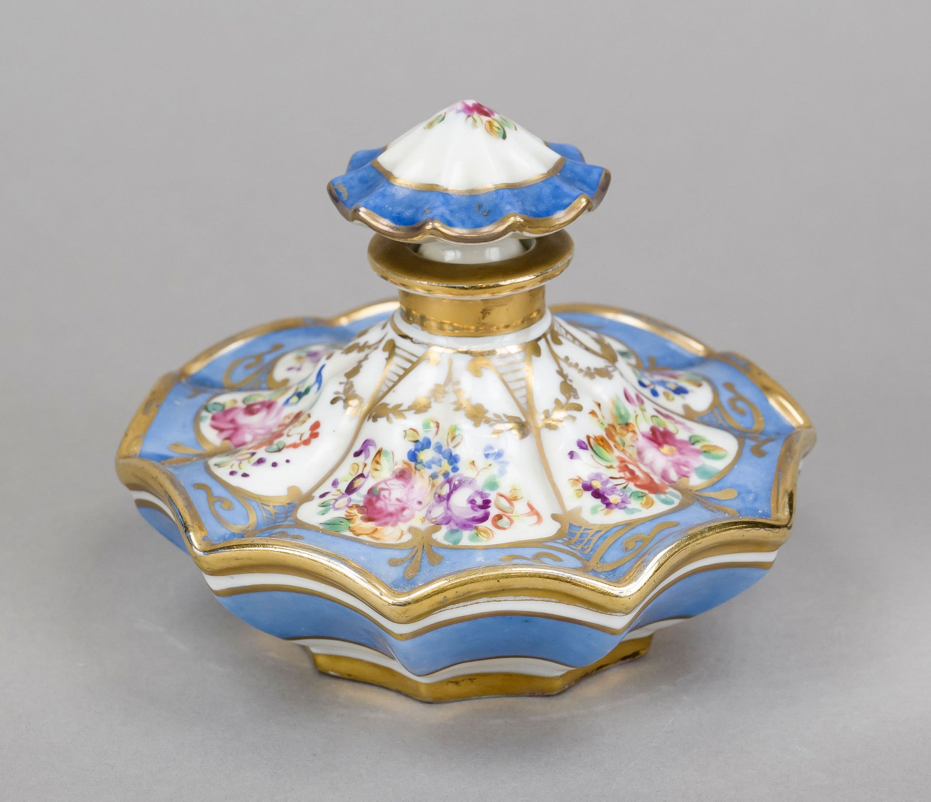 Flask with stopper, France, 19th century, Sevres imitation mark, curved historicist form, polychrome