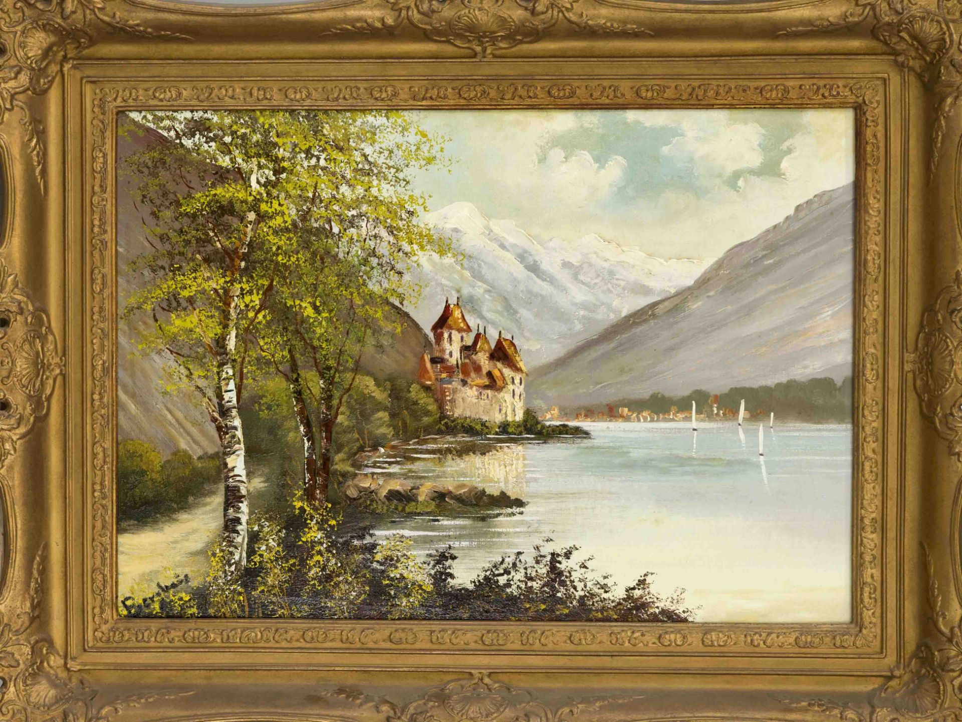 signed Berghaus, 1st half of the 20th century, View of the Château de Chillon on Lake Geneva, oil on