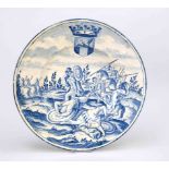 Faience plate, Holland 19th century, glazed, blue painted with a battle scene in antique style,