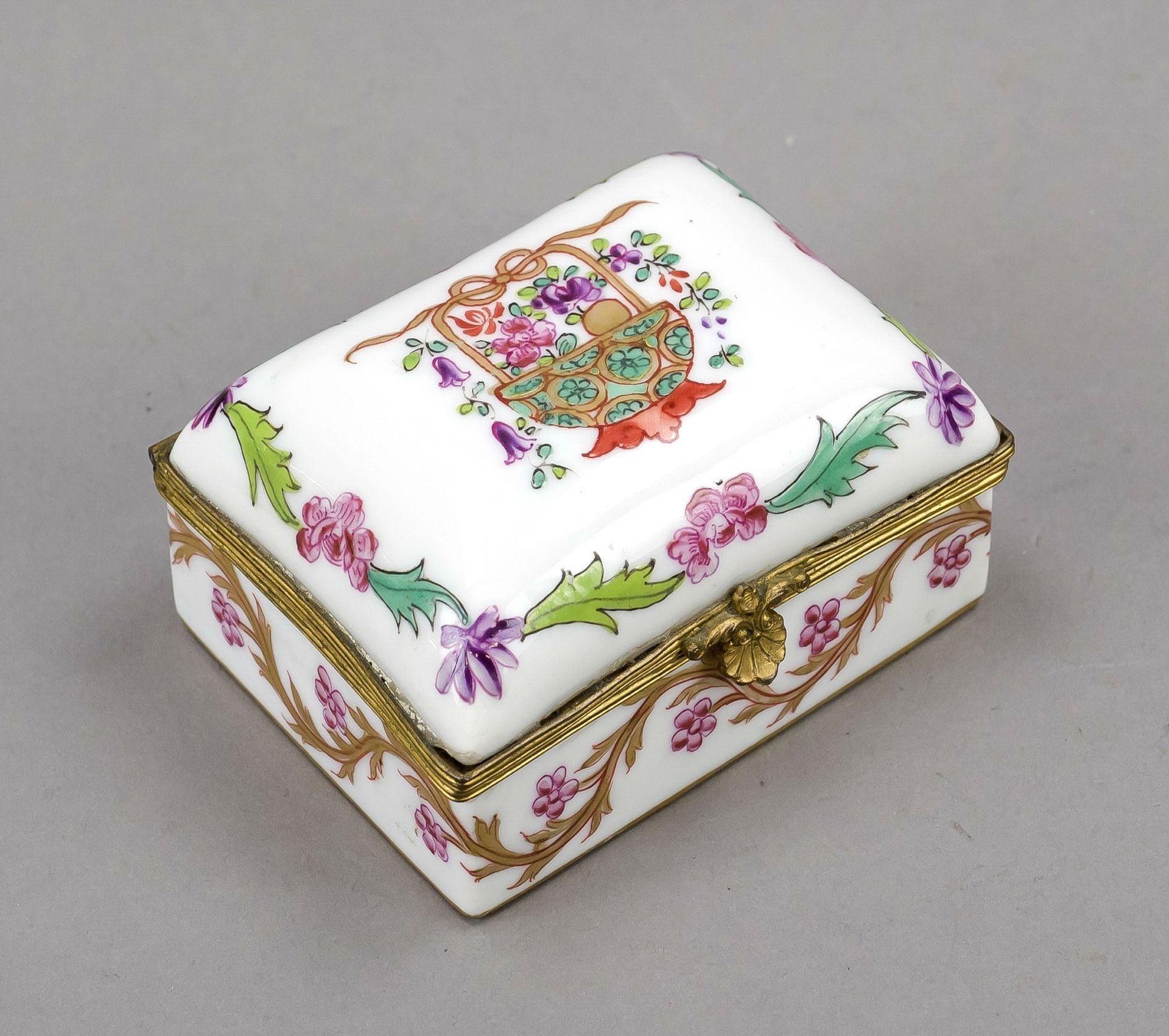 Small lidded box, 20th century, polychrome painted in enamel colors and ornamental gilding,