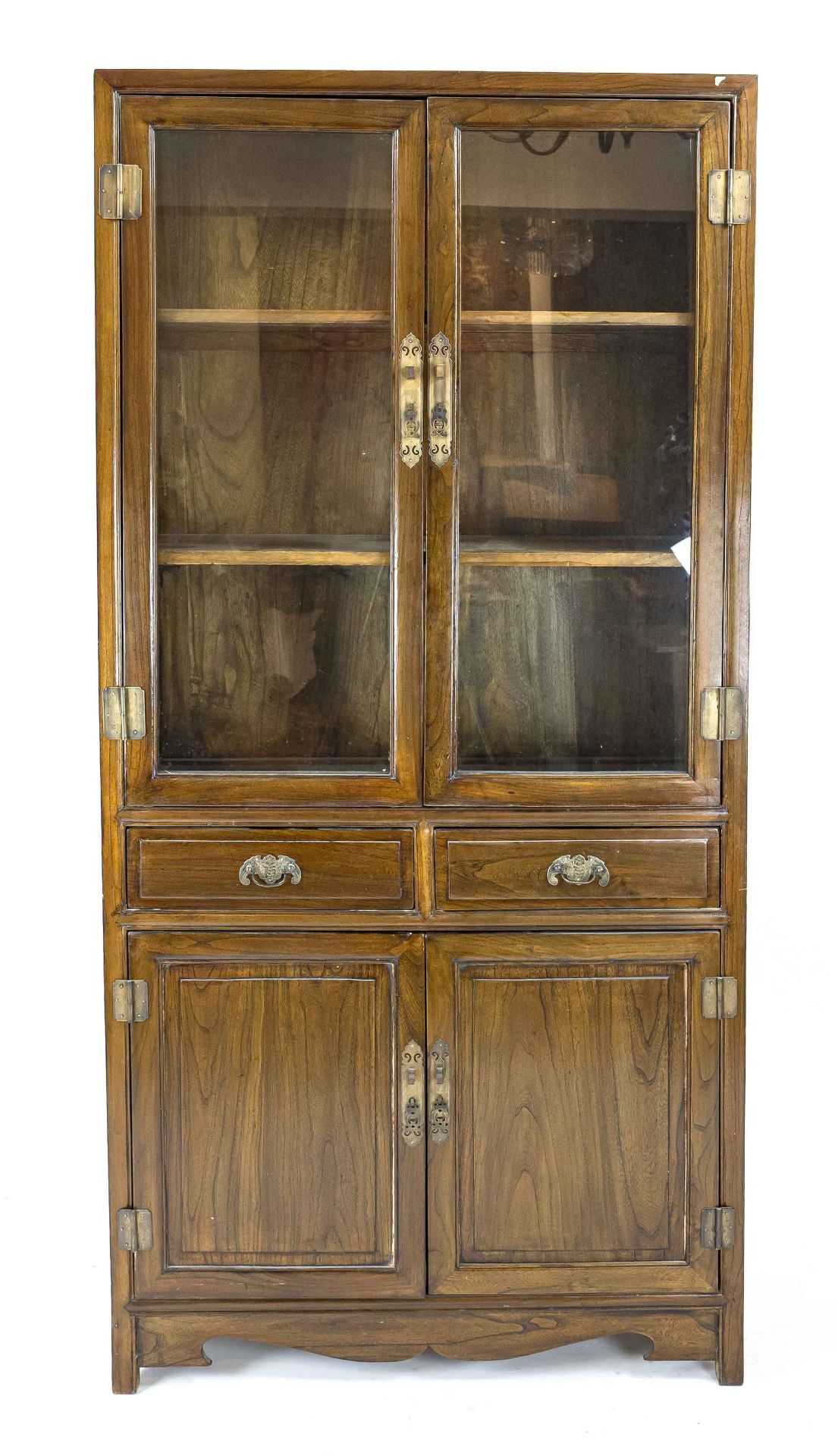 Asian display cabinet, 20th century, typical ash-like solid wood, two doors below, two drawers in