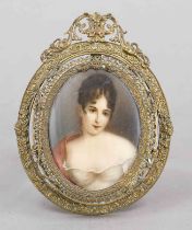 Miniature, 19th century, polychrome tempera painting on bone plate, unopened, oval bust portrait