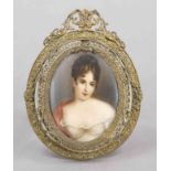 Miniature, 19th century, polychrome tempera painting on bone plate, unopened, oval bust portrait