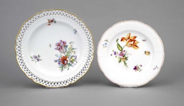 Two plates, KPM Berlin, plate, 19th century, 2nd choice, Ozier form, polychrome floral painting,