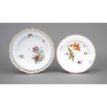 Two plates, KPM Berlin, plate, 19th century, 2nd choice, Ozier form, polychrome floral painting,