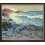 Monogrammist KN, 1st half 20th century, Sea surf on a rocky coast, oil on cardboard, monogrammed