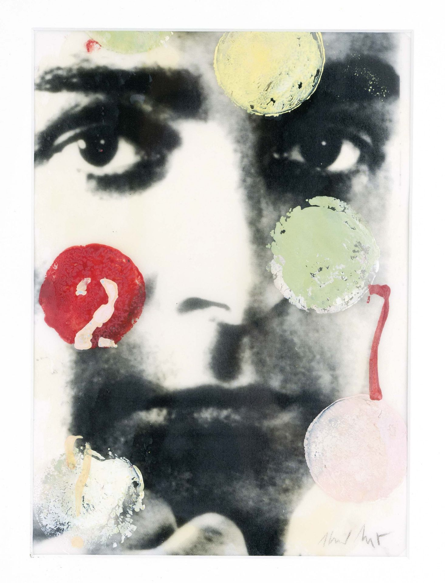 Unidentified, contemporary artist, colored monotype over portrait photo print on tracing paper,