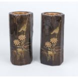 Pair of wooden vases with lacquer decoration, Japan Meiji/Taisho. Slightly faceted body with flowers