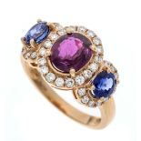 Ruby-sapphire-brilliant ring RG 750/000 with an oval faceted ruby 1.44 ct slightly bluish dark