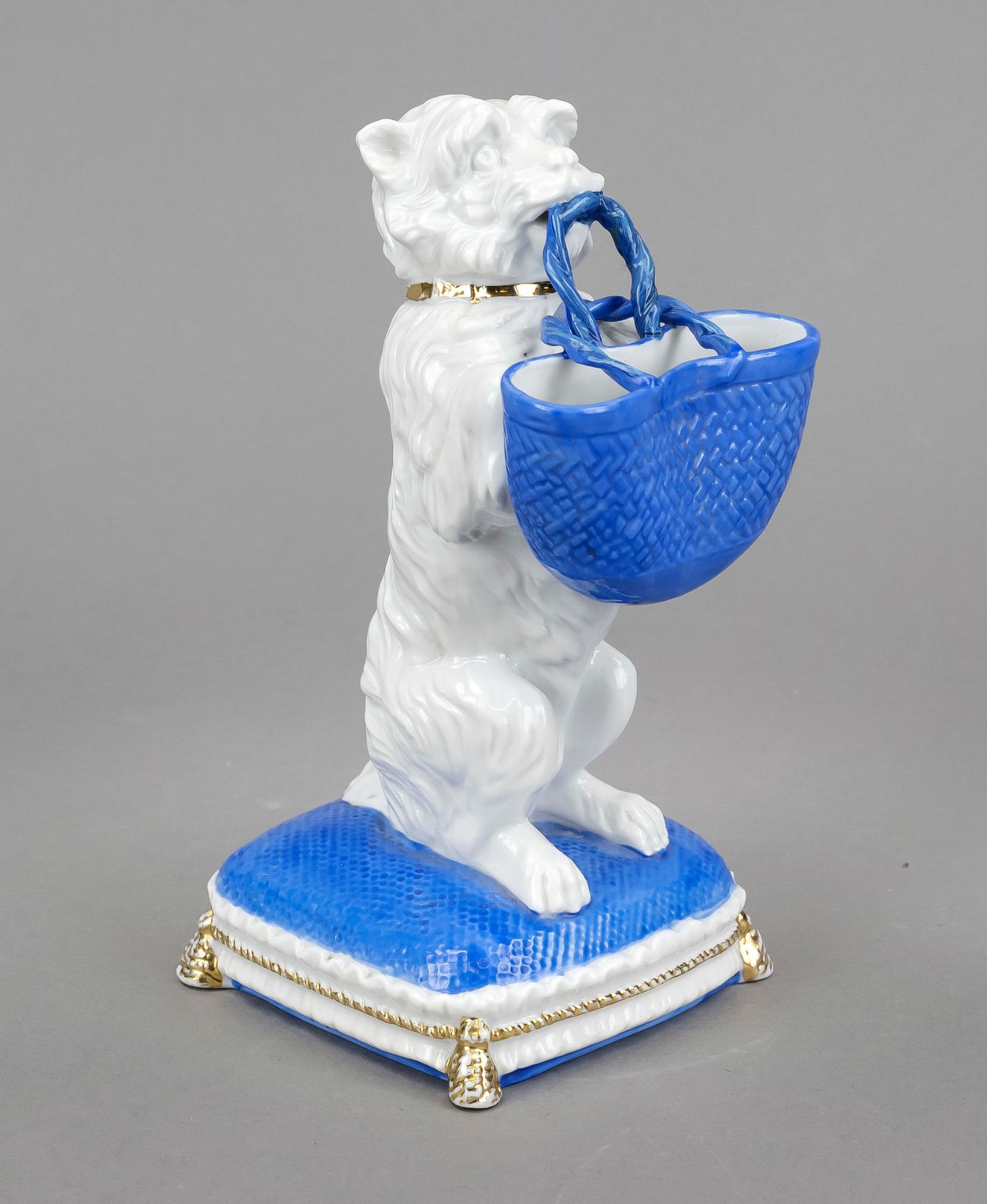 Standing terrier with shopping basket on cushion, Sitzendorf, Thuringia, c. 1900, model no. 165,