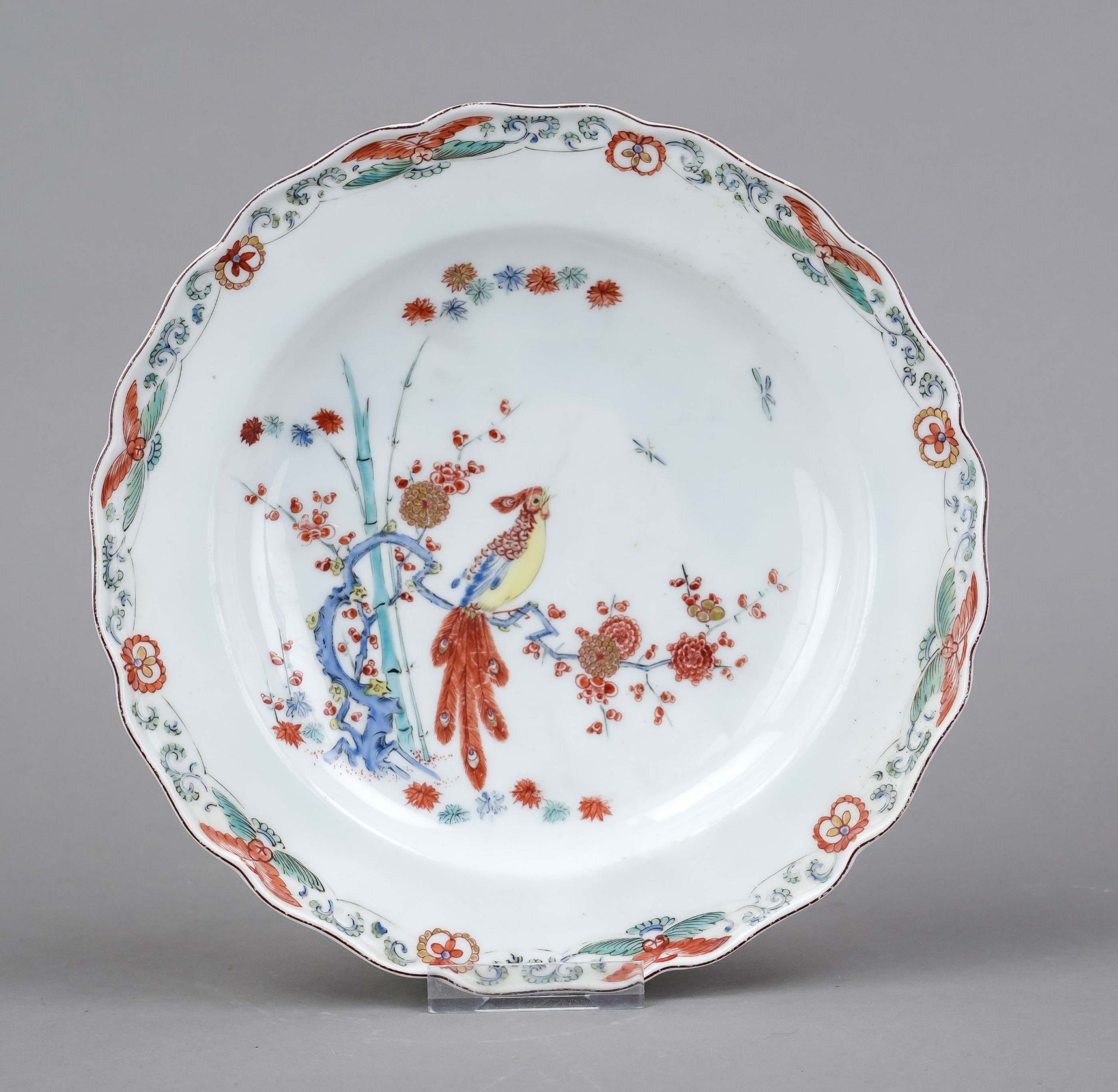 Plate, Chelsea, England, c. 1765, polychrome Kakiemon painting in enamel colors, peony branch with