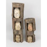 Herbert König (1956-2023), sculptor from Suhl, 5 tree heads, natural tree trunk segments with sawn-