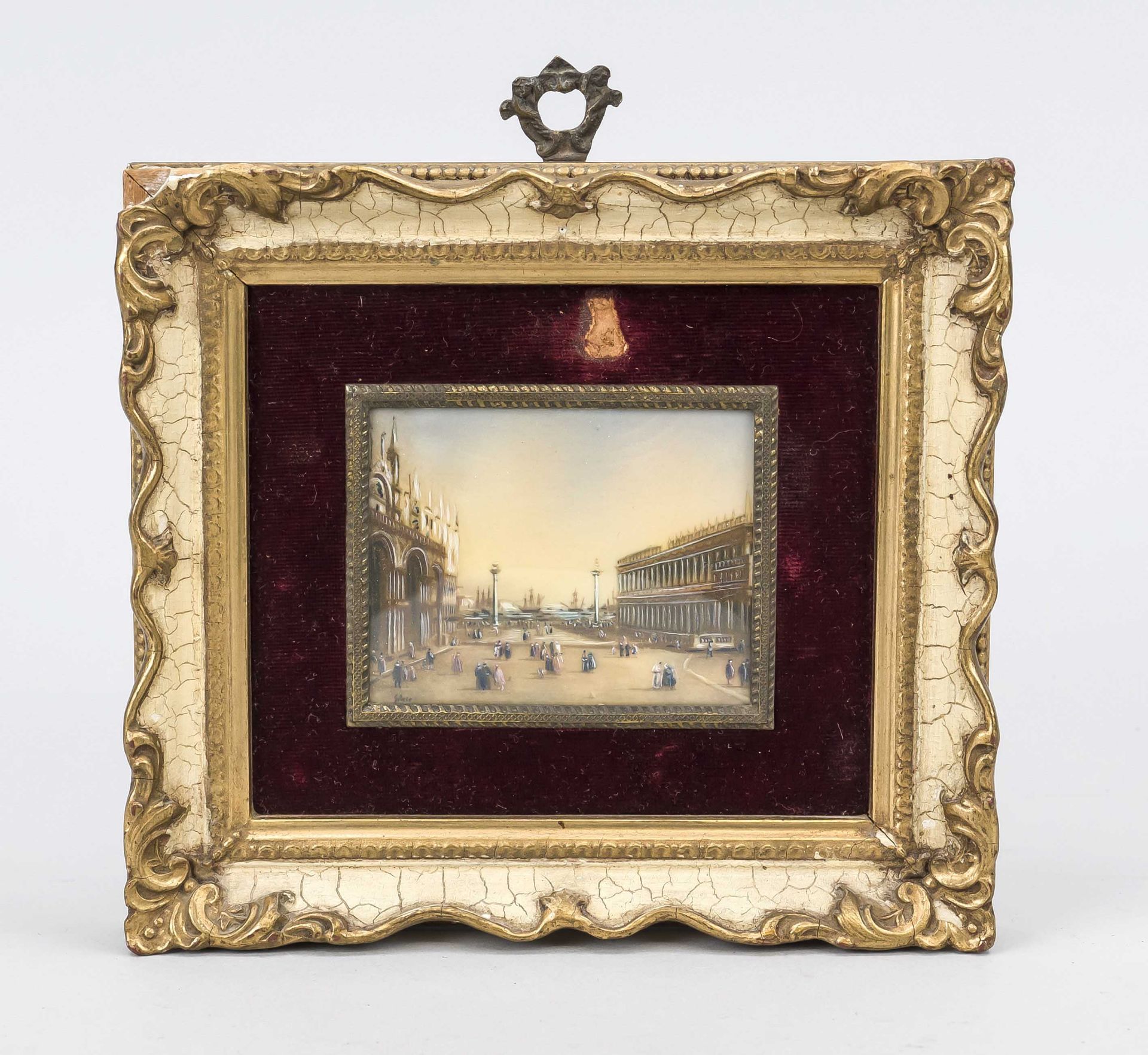 Miniature, 19th century, polychrome tempera painting on bone plate, unopened, St. Mark's Square in