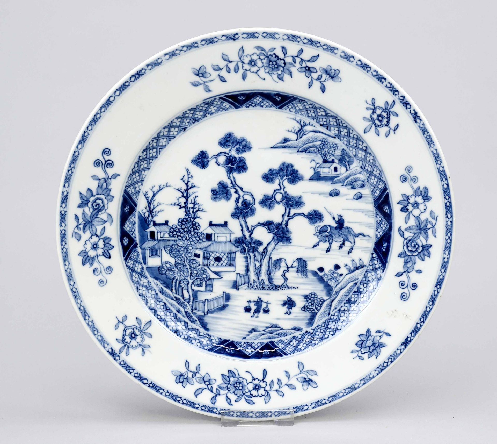 Plate with landscape decoration, China 17th/18th century (Qing/Kangxi). Cobalt blue decoration in