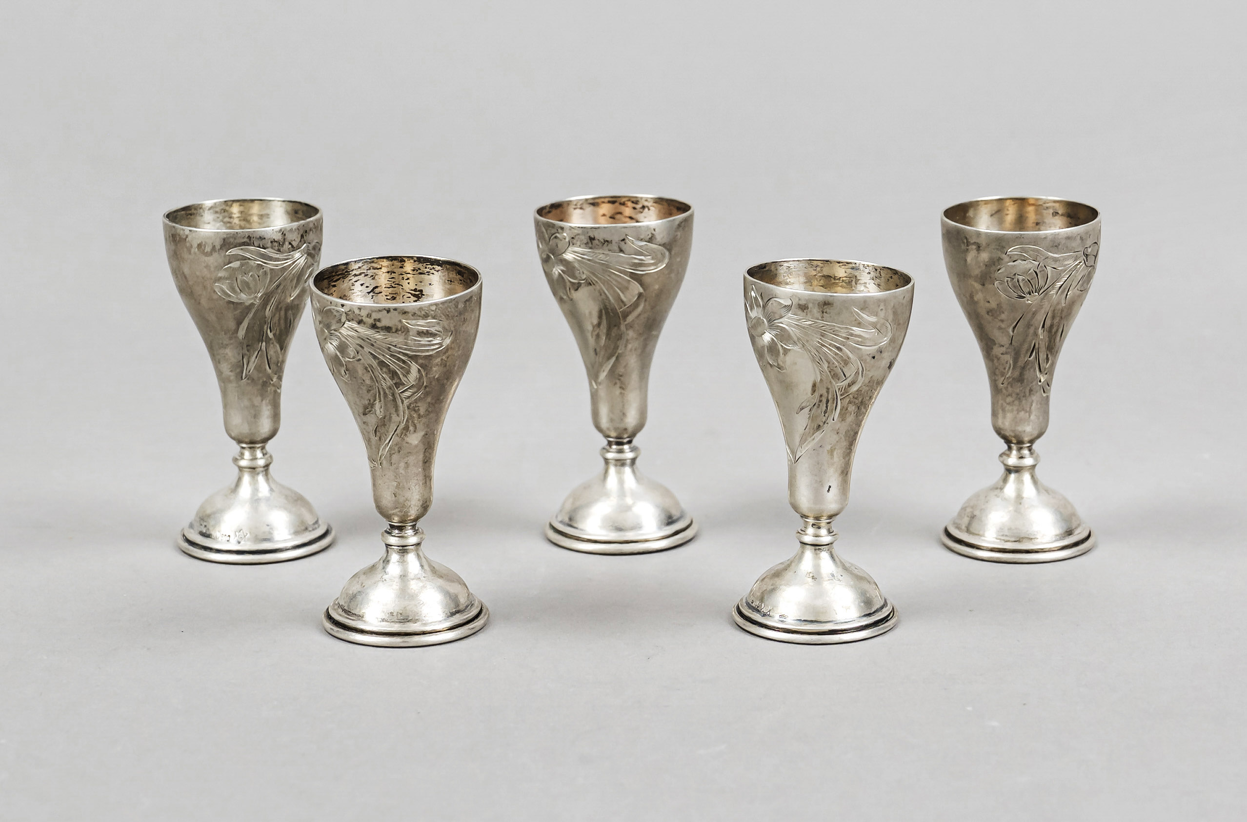 Five schnapps goblets, German, c. 1900, master's mark Jakob Grimminger, Schwäbisch Gmünd, silver