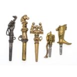 5 antique pocket watch keys with various motifs such as horse head, boots, dog head, etc., silver-