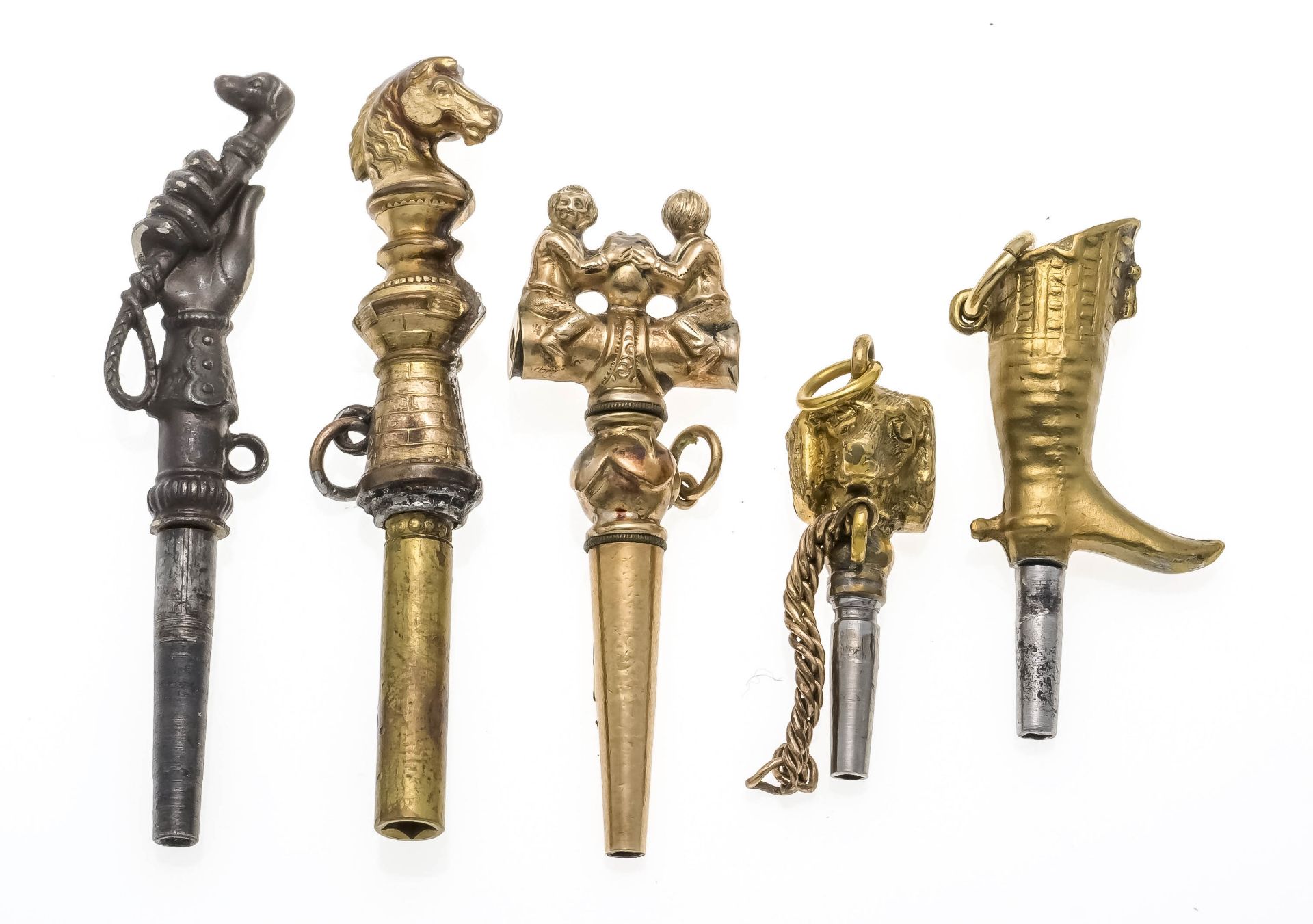 5 antique pocket watch keys with various motifs such as horse head, boots, dog head, etc., silver-