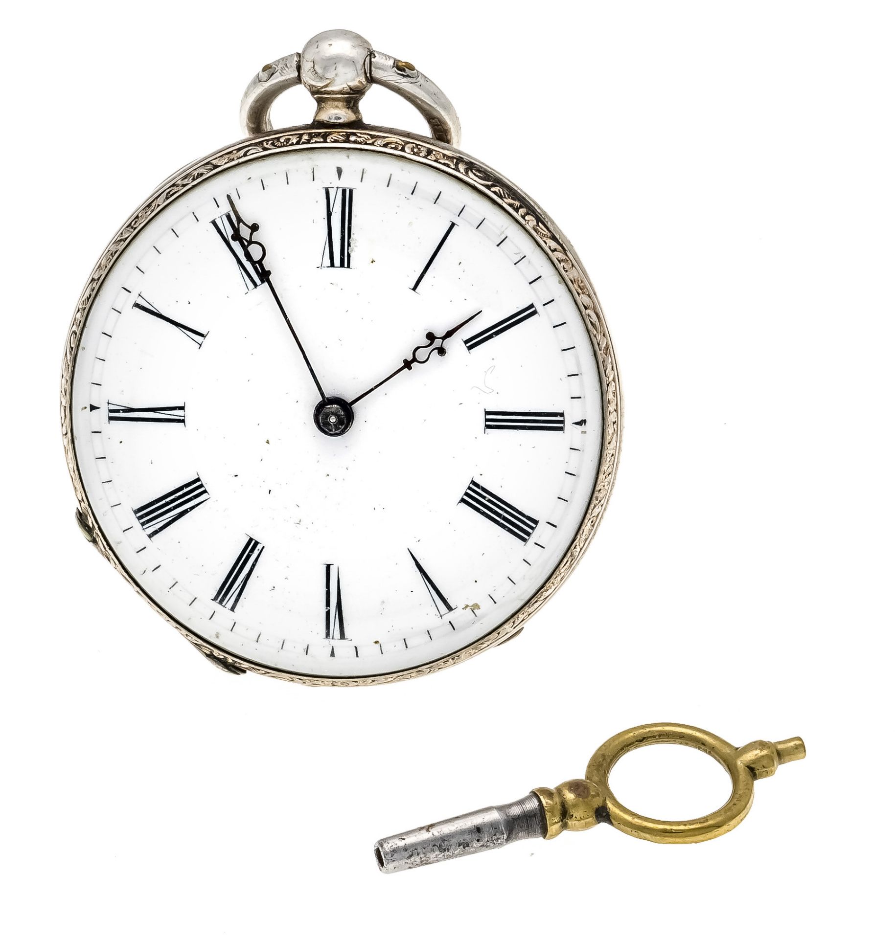 open face pocket watch silver partly gilt, one cover silver, with key winding, circa 1870, white
