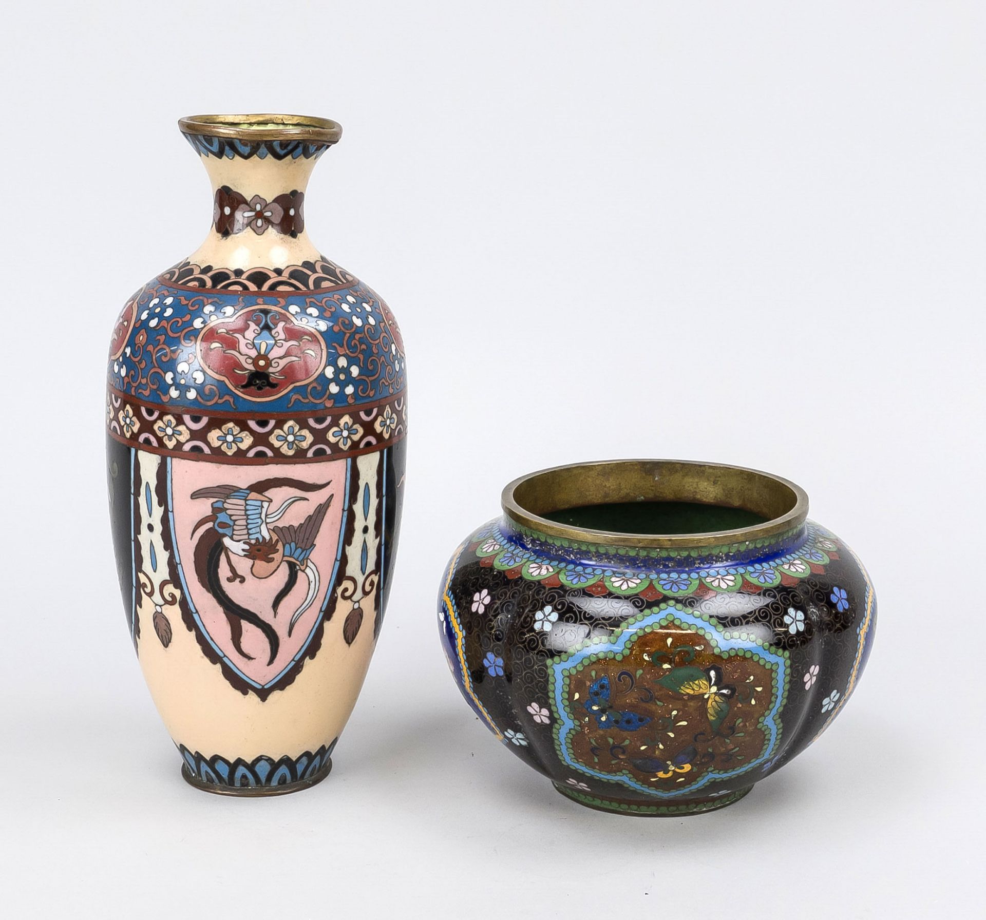 2 pieces Cloisonné, Japan c. 1900 (Meiji). 1 x vase, lip rim chipped, h. 24 cm. 1 x lobed pot with