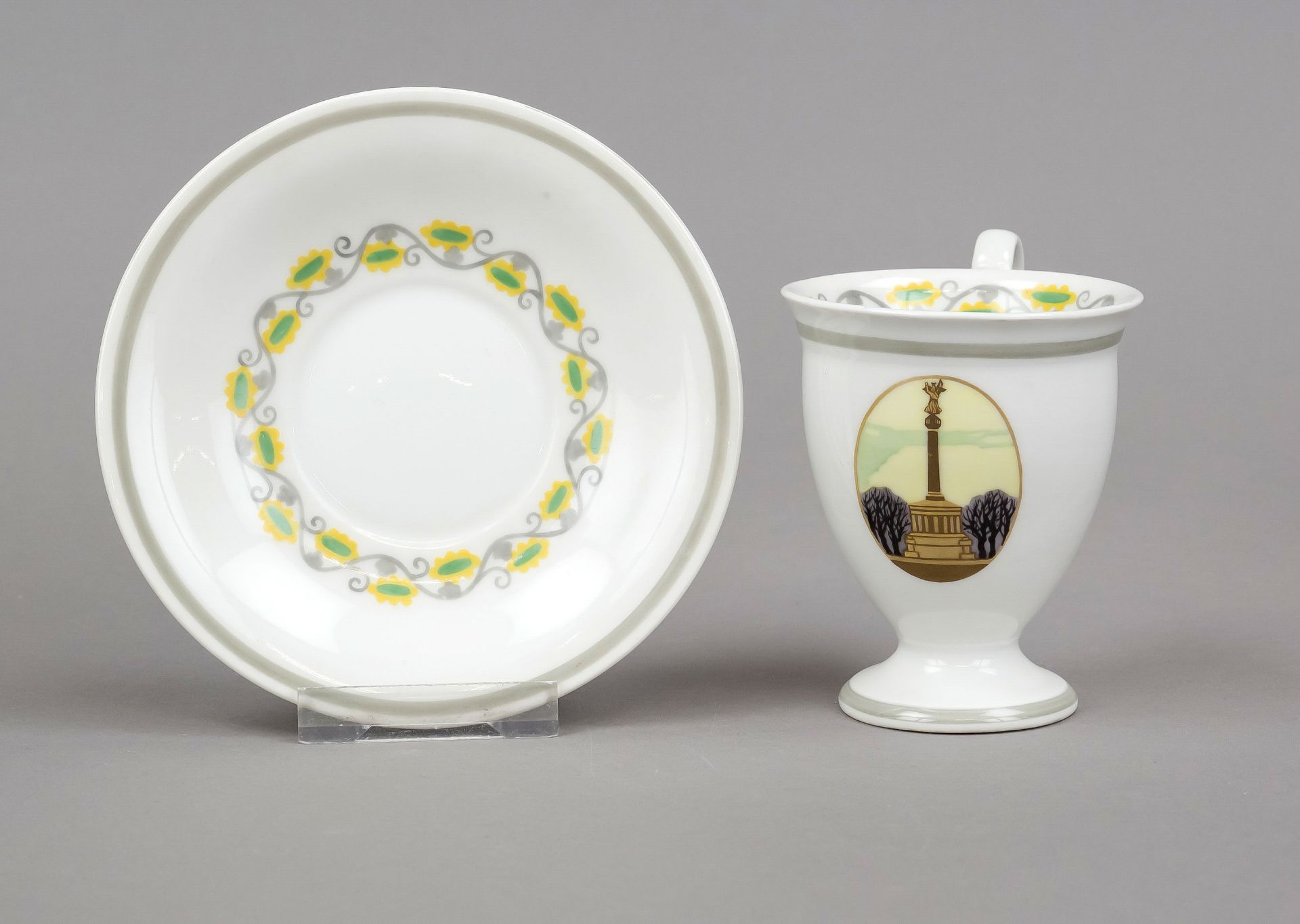 A patriotic view cup and saucer, KPM Berlin, war mark (1914-18), 1st choice, red imperial orb