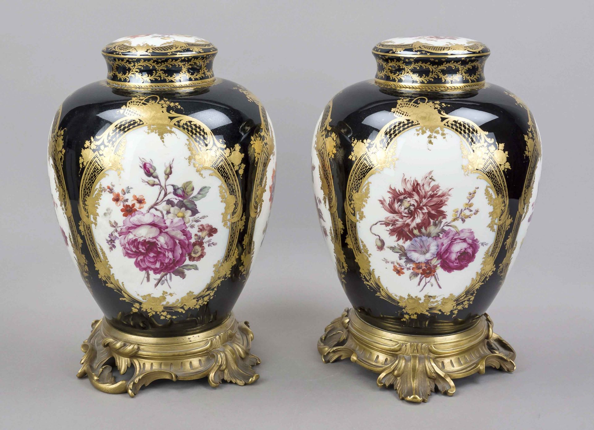 A pair of urn vases, KPM Berlin, mark 1870-1945, 1st choice, red imperial orb mark, bulbous form - Image 3 of 5