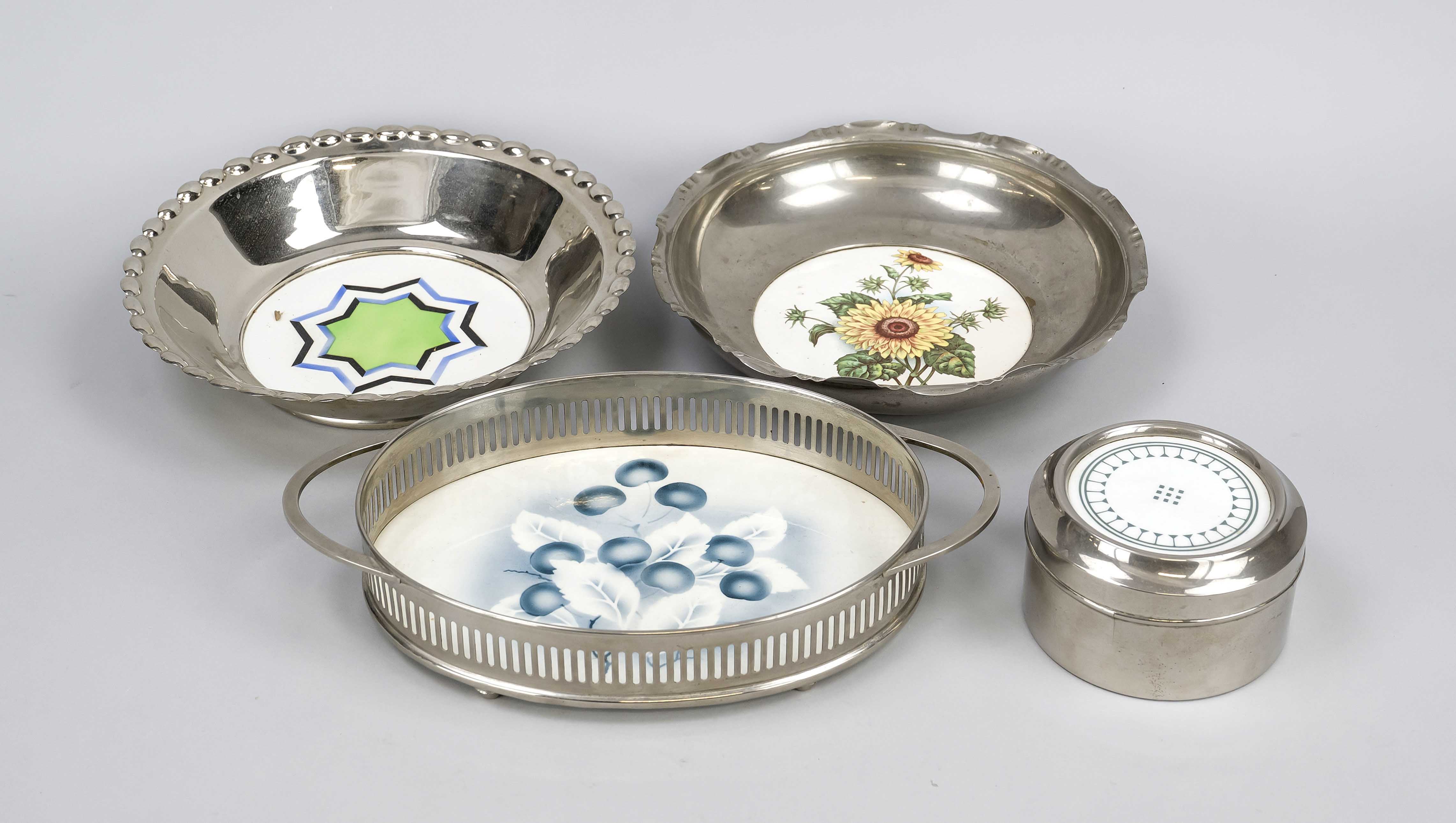 Three Art Nouveau bowls and a lidded box, c. 1910, nickel-plated metal, painted ceramic bases, l. up