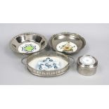 Three Art Nouveau bowls and a lidded box, c. 1910, nickel-plated metal, painted ceramic bases, l. up