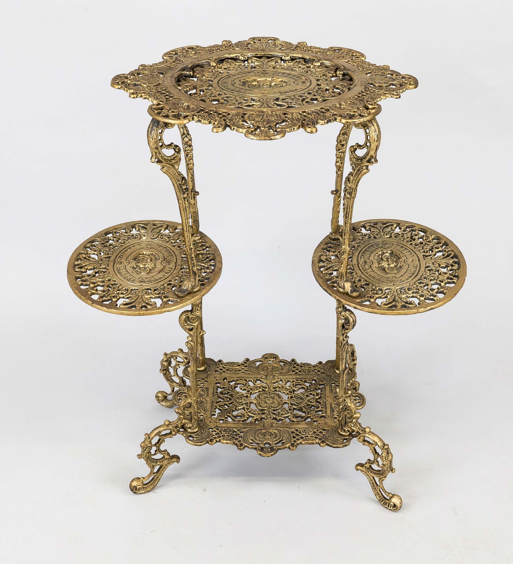 Tiered table, 19th/20th century, cast metal with gold decoration. A total of 4 openwork tiers on 3