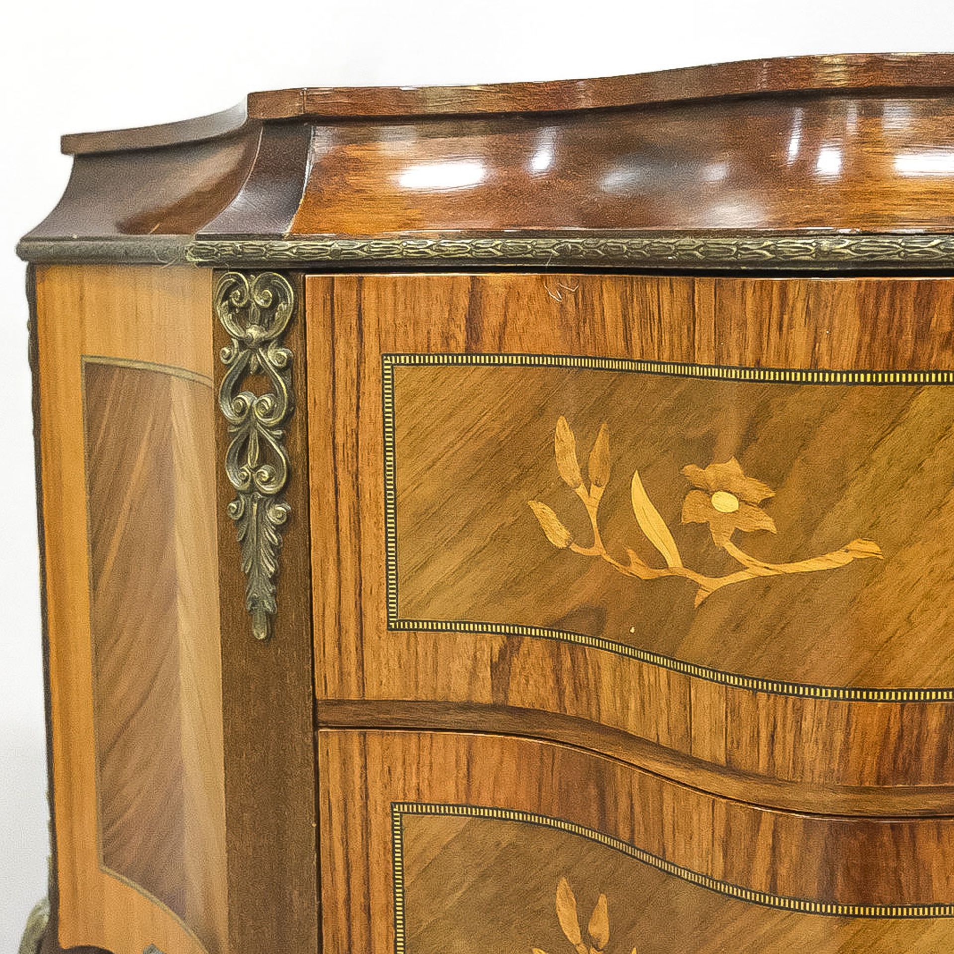 Chest of drawers with inlays and metal applications in rococo style, 20th century, veneered, signs - Image 3 of 3