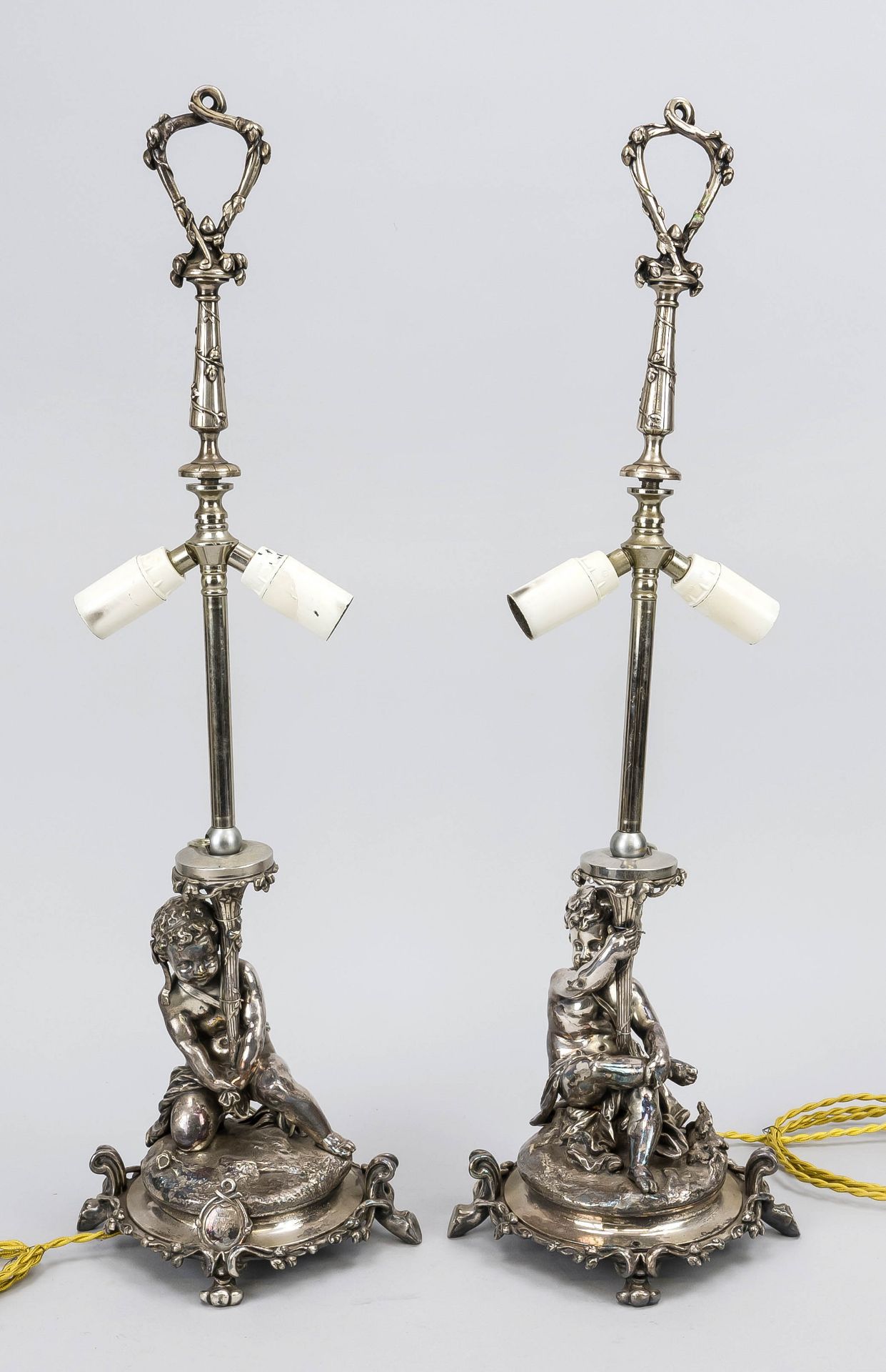 Pair of figural lamps, France 1st half 20th century, marked Christofle, silver-plated. Base as a boy