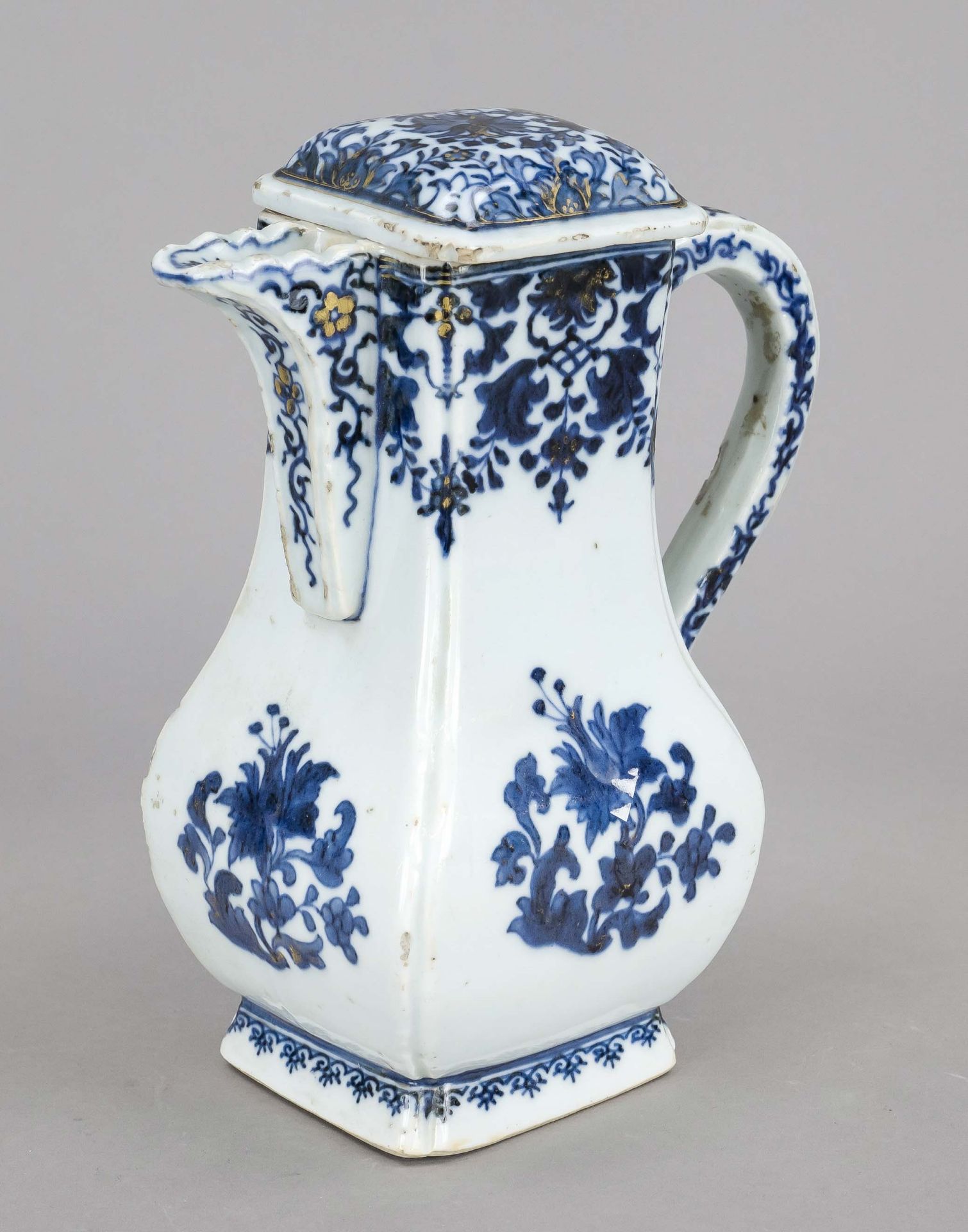 Baroque jug with lid, w. Holland, c. 1700, the shape modeled after a silver jug, underglaze blue